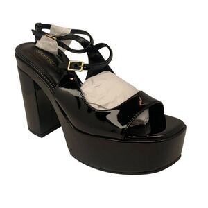 Shoedazzle Black Patent Platform Ankle Strap Chunky Heel Sandals Women Size
